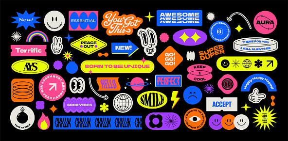 Colorful trendy sticker pack. Naive playful label shape set. Retro patch cartoon collection. Catchphrase sign, Groovy  text slogan. Geometric element. Brutalism aesthetic. Flat vector illustration.
