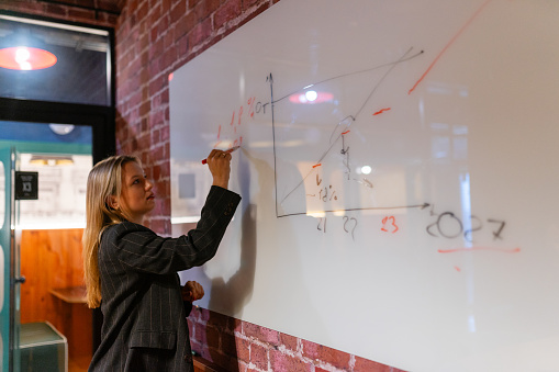 Blonde businesswoman writes on whiteboard using marker