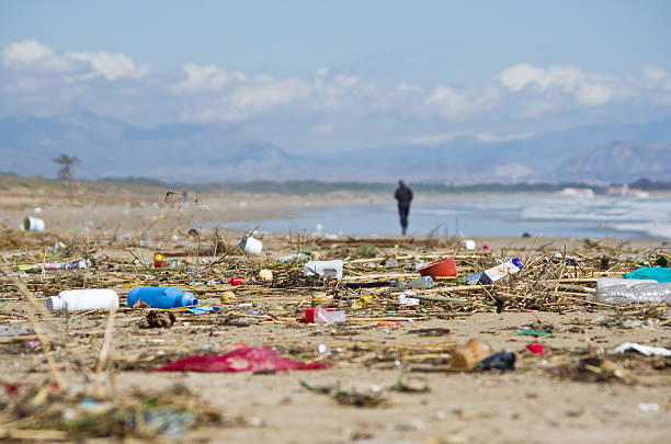 A low angle view (taken lying prostrate) of a remote beach that has been covered in debris following storms from the previous day. A blurred jogger can be seen running along the beach.
