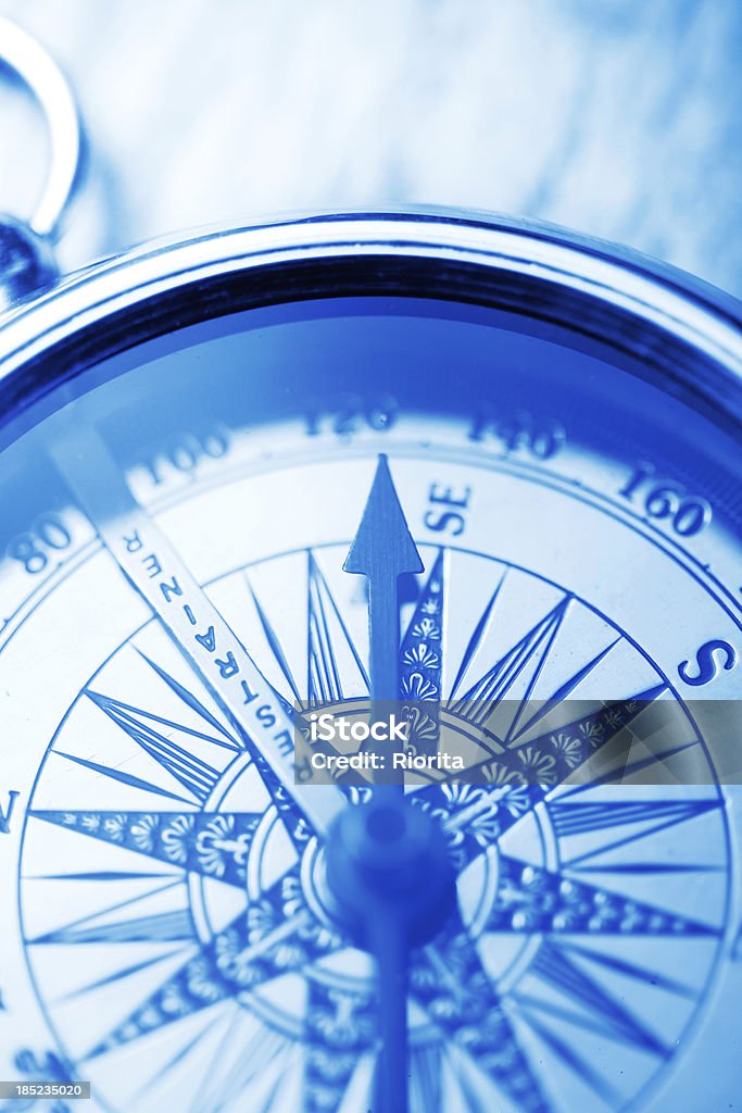 Compass on blue Old compass on blue Antique Stock Photo