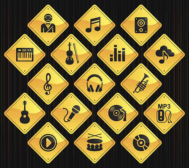 Yellow Road Signs - Music 17 road sign icons representing different music related symbols. electric organ stock illustrations