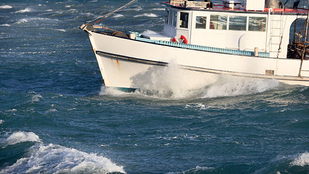 Small fishing trawler in rough seas, New Zealand stock photo