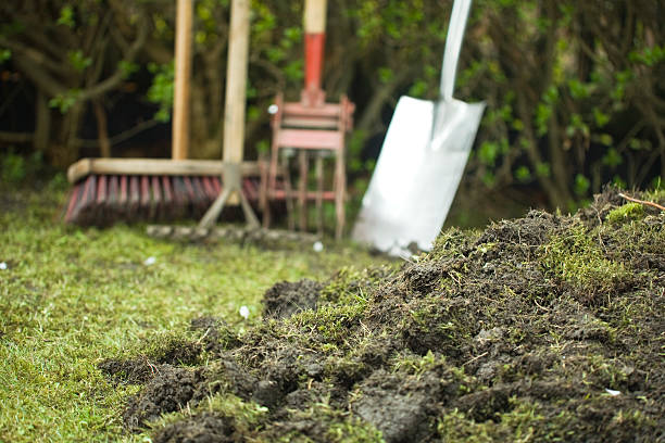 Pile of humus Garden tools are in the background of a hedge in front of a pile of humus and soil kultivieren stock pictures, royalty-free photos & images