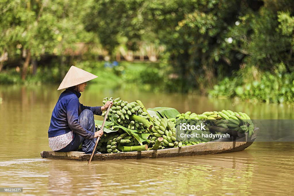 Donna vietnamita canottaggio barca al fiume Mekong Delta, Vietnam - Foto stock royalty-free di Vietnam