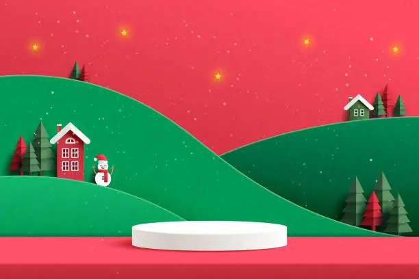 Vector illustration of White Podium on minimal winter landscape decorated with christmas tree,stars and snowman. Merry Christmas and Happy new year concept. Paper art vector illustration.