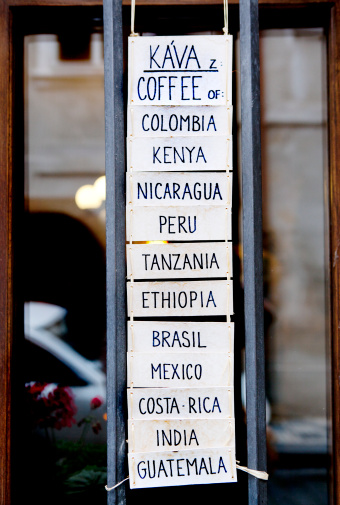 Coffee Shop Menu in Prague Czech Republic listing various different countries of origin for the coffee they sell