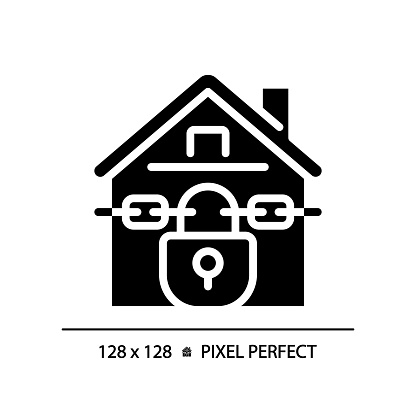 2D pixel perfect glyph style foreclosed home icon, solid isolated vector, simple silhouette illustration representing economic crisis.