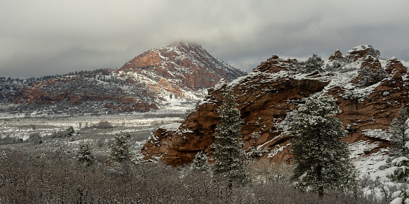 Red Butte Covered In Clouds Over Snowy Hop Valley in Zion National Park
