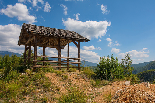 A covered view point on the hills overlooking Martin Brod, Bihac, in the Una National Park. Una-Sana Canton, Federation of Bosnia and Herzegovina. Early September
