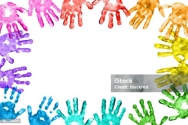 Foto de Mão Imprime Quadro Colorido Crianças e mais fotos de stock de Moldura de Quadro - Composição - Moldura de Quadro - Composição, Marca da mão, Tinta - Equipamento de arte e artesanato