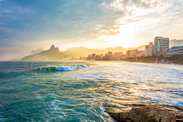 Landscape of the beach and Copacabana neighborhood, in a late afternoon with purple colors