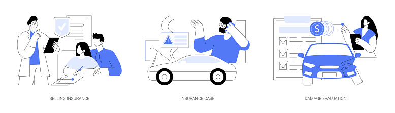 Insurance company isolated cartoon vector illustrations set. Professional agent selling health insurance, claim a compensation for damaged car, specialist makes damage evaluation vector cartoon.