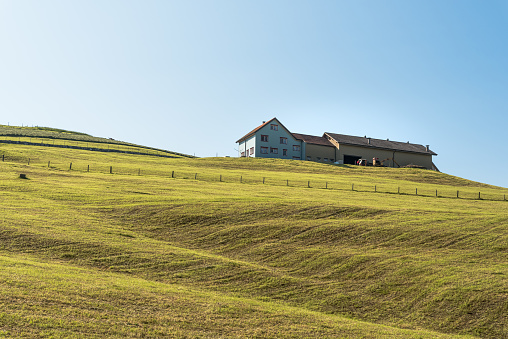 Canton of Appenzell Innerrhoden, Switzerland - May 31, 2023. Farmhouse in the Appenzell region in a hilly area with green meadows.