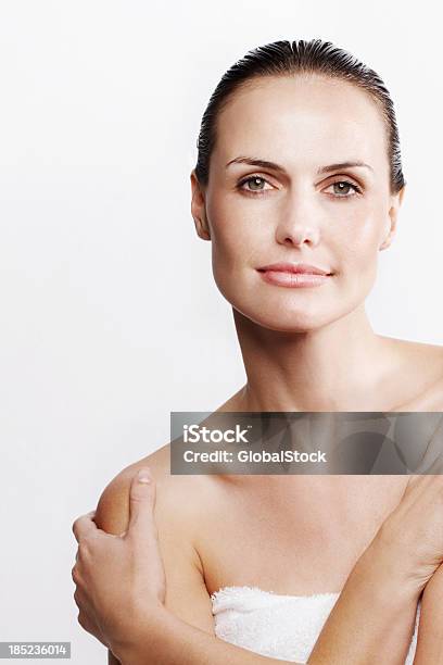 Woman Wearing White Towel With Bare Shoulders Stock Photo - Download Image Now - Women, Beauty, One Woman Only