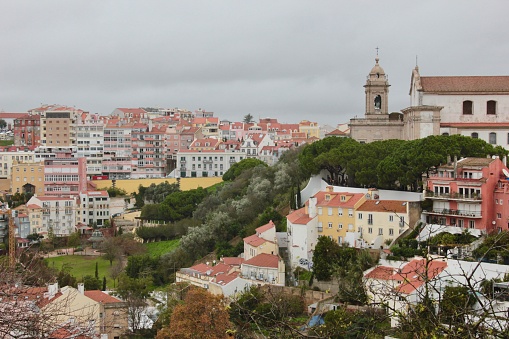 View of Miradouro da Graca, Lisbon,  with the Igreja da Graca (Church of Our Lady of Grace) perched at the summit.