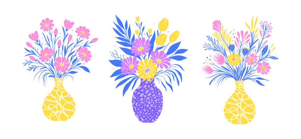 Colección de flores en jarrones sobre fondo blanco. Ilustración vectorial fácil de cambiar de color y transformar. - ilustración de arte vectorial