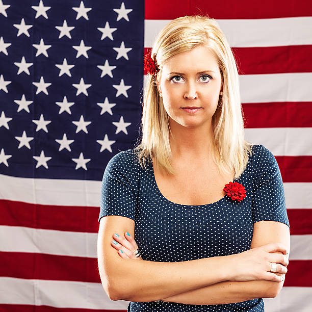 istock Woman infront of an american flag 185237295