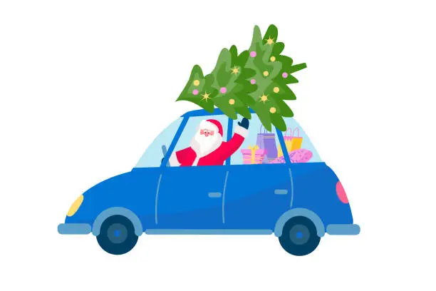 Vector illustration of Santa Clause driving retro car