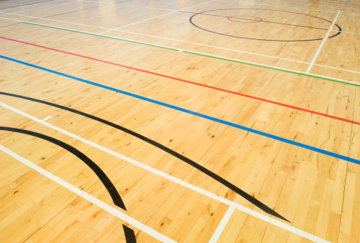 The floor of the gymnasium in a modern secondary school.