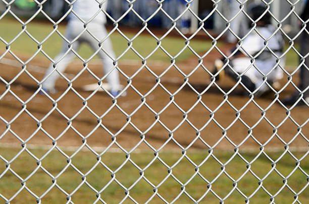 Batter Awaiting the Pitch "A batter and catcher in a high school baseball game await the pitch from the pitcher. Focus on the fence, shallow depth of field. Adobe RGB color space." high school baseball stock pictures, royalty-free photos & images