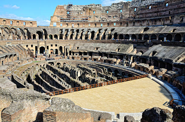 italy, Panorama of Colosseum, Rome "Colosseum (Coliseum) originally the Flavian Amphitheatre, is an elliptical amphitheatre in the centre of the city of Rome, Italy" inside the colosseum stock pictures, royalty-free photos & images
