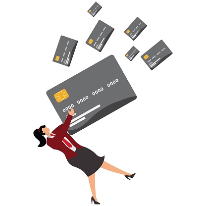 Credit Card Debt Businesswoman, Businesswoman under the big credit card