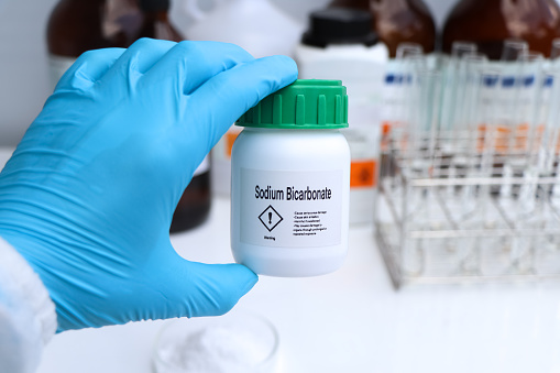 Sodium Bicarbonate in chemical container , chemical in the laboratory and industry, Raw materials used in production or analysis