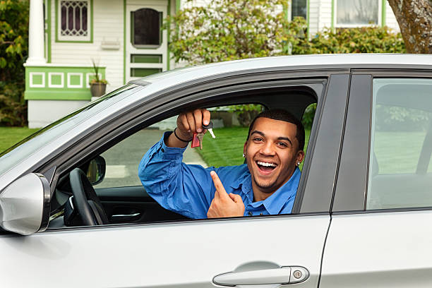 Happy Young Man with New Car stock photo