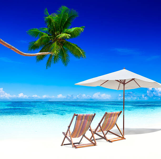 istock View of a tropical paradise with two chairs and umbrella 185239027