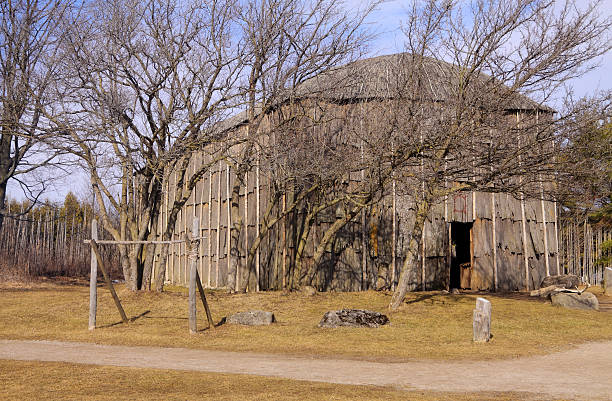 Traditional communal longhouse in aboriginal village in Ontario