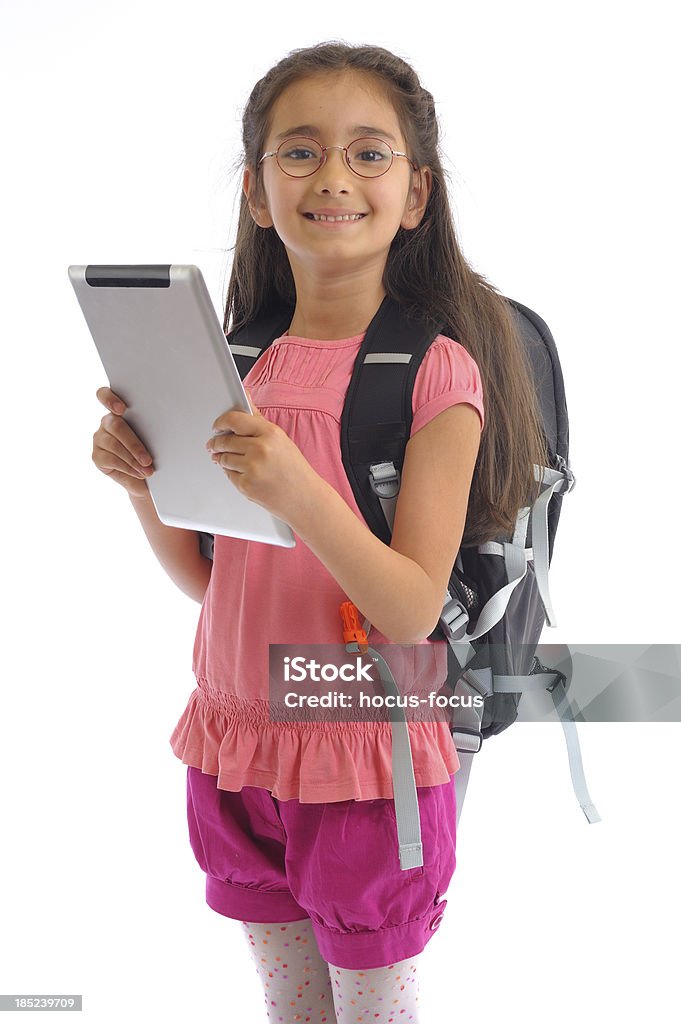 Chica con tablet pc en la escuela - Foto de stock de Fondo blanco libre de derechos