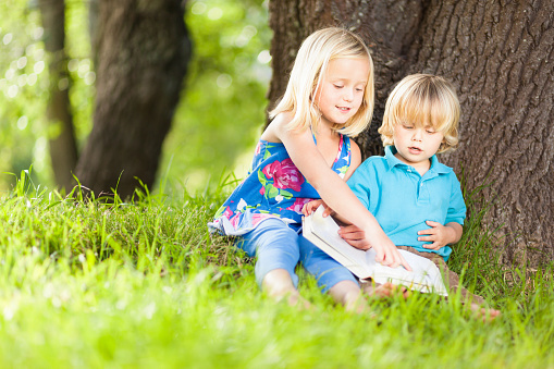 Little girl reading a book to her brother in park under a tree. Horizontal Shot. Pls checkout our lightboxes for more images