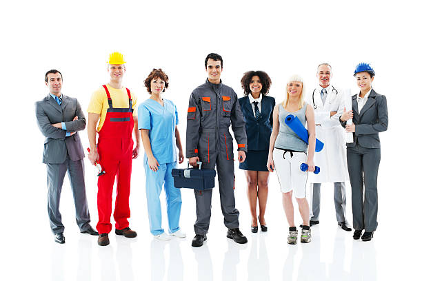 Diversity occupations people. Diversity occupations people standing in line  and looking at the camera.   Isolated on white background. various occupations stock pictures, royalty-free photos & images