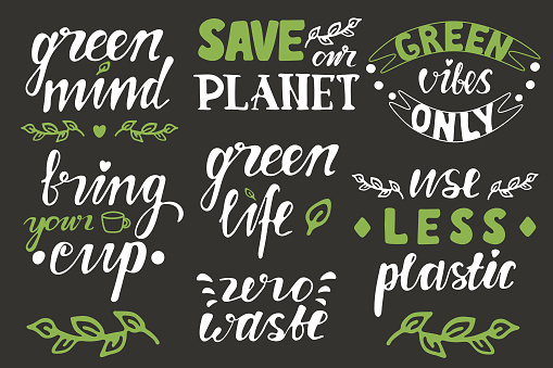 Set of ecological and zero waste quotes, Save planet,less plastic,green mind etc