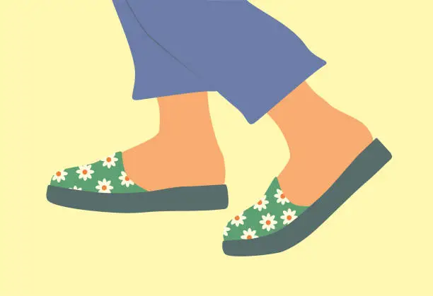Vector illustration of Shoe pair, slippers, flip flops, footwear. Feet with pants walking in flip flops.