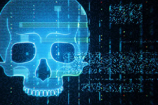 Photo of Holographic skull with binary code disintegration on a dark digital background. Data decay concept. 3D Rendering