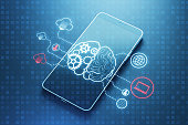 Close up of smartphone with creative digital brain hologram with cogwheels and various connected icons on blue background. Invention, ai and innovation concept. 3D Rendering.