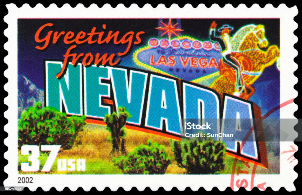 State of Nevada "Cancelled Stamp From The United States: Greetings From Nevada, USA." Greeting Stock Photo