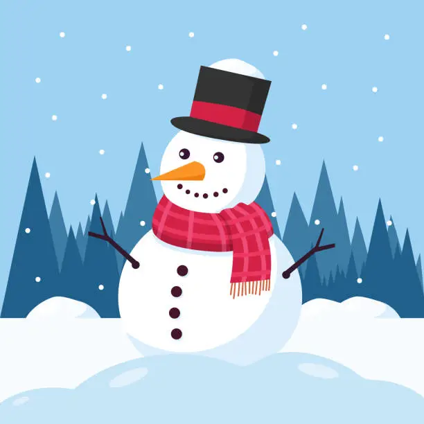 Vector illustration of Snowman with winter landscape and snow.