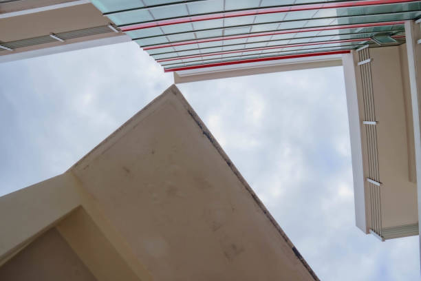 istock worm's-eye view look through the roofs at the sky. 1852423378