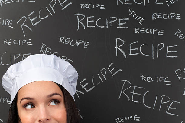 istock Female chef thinking in front of recipe words 185242688