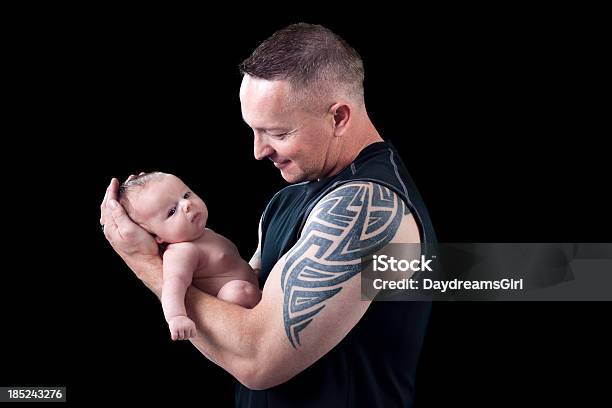 Father Holding Baby On Black Background Stock Photo - Download Image Now - Baby - Human Age, Black Background, Men