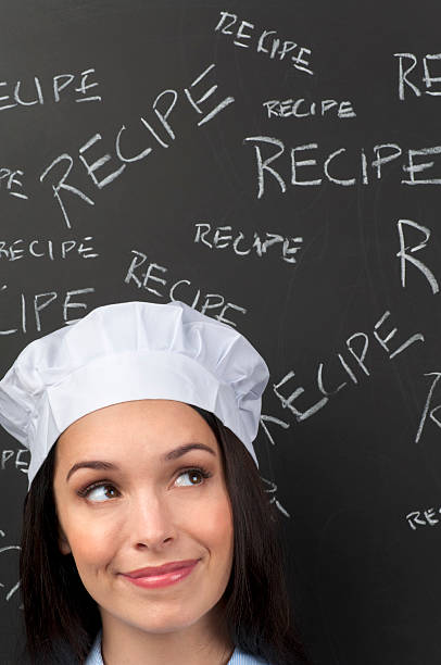 istock Female chef thinking in front of recipe words 185243560