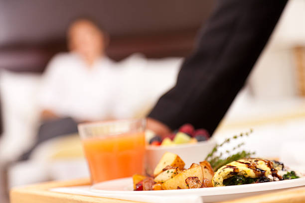 istock Room service breakfast tray in hotel room 185243720