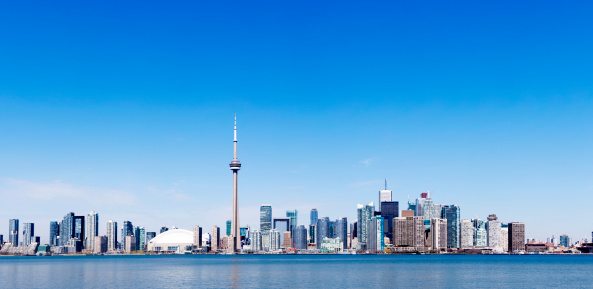 Toronto, Canada - September 1, 2022: CN Tower and some skyscraper at Toronto