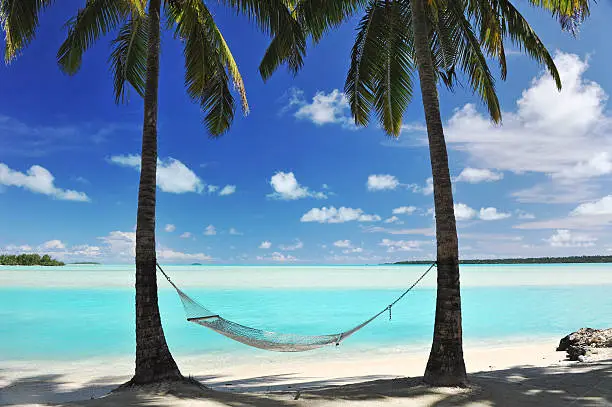 A Hammock hanging from palm trees, the shade of Coconut Palms beside a perfect turquoise lagoon beach ocean on a paradise vacation 