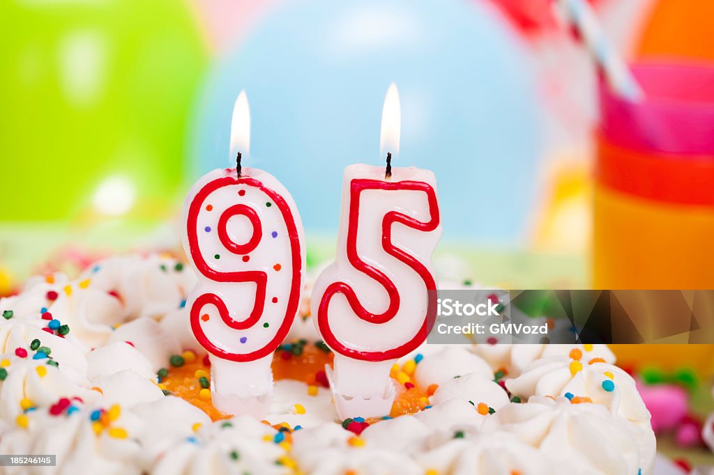 Birthday Cake Birthday cake with candle for 95. birthday        You can find another anniversaries and birthday numbers in our light box: DESSERT Anniversary Stock Photo