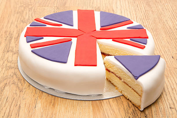 istock Victoria sponge cake with UK flag icing decoration 185246424