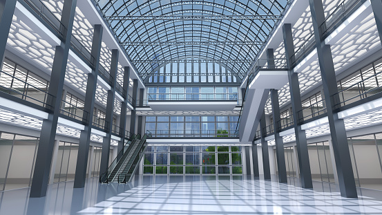Atrium in a mall, transparent glass ceiling and glass store facades. 3d illustration