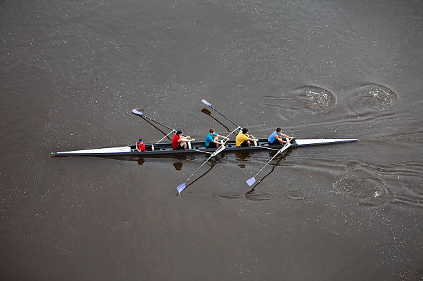 visão geral de homens remar um barco de regata quatro pessoas. - high angle view people people in a row directly above imagens e fotografias de stock